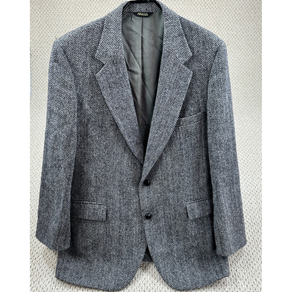 Harris Tweed Blazer Mens 43R Gray Herringbone 100% Scottish Wool Sports Coat